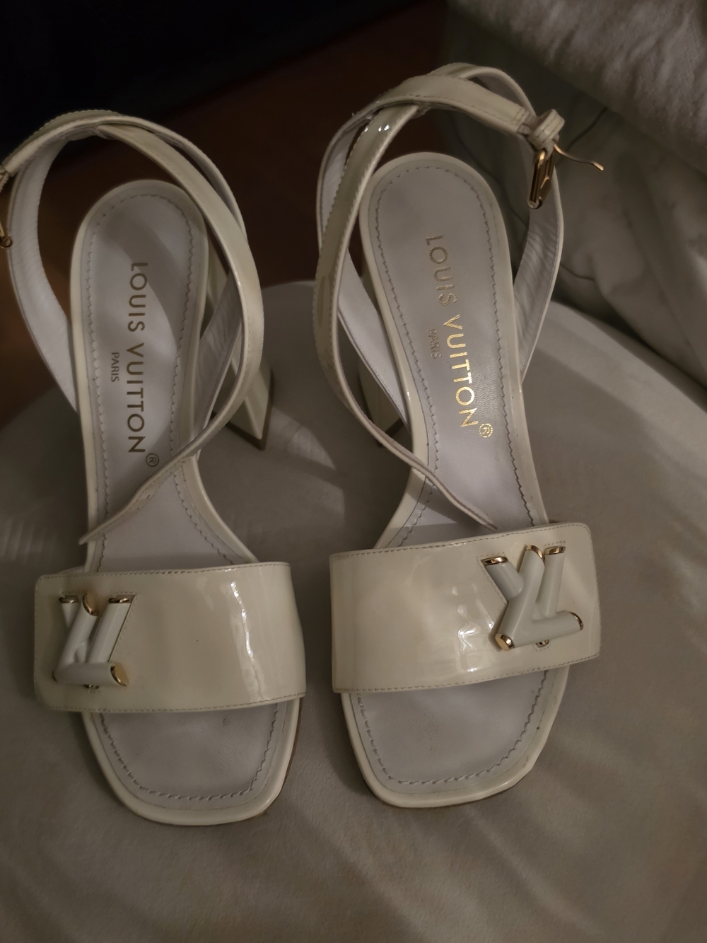 Louis Vuitton Ivory Patent Leather Strappy Heels with Gold LV Detail